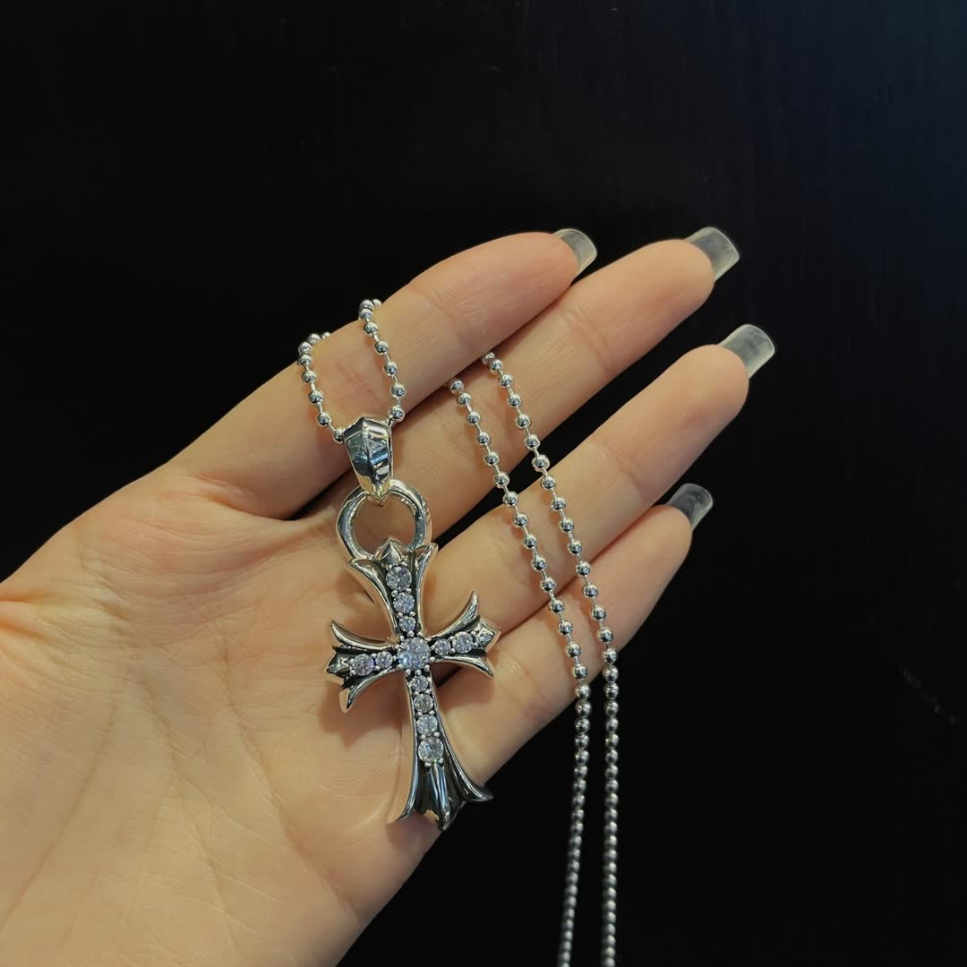 Chrome Hearts Elegant Silver Cross Pendant with Diamonds
